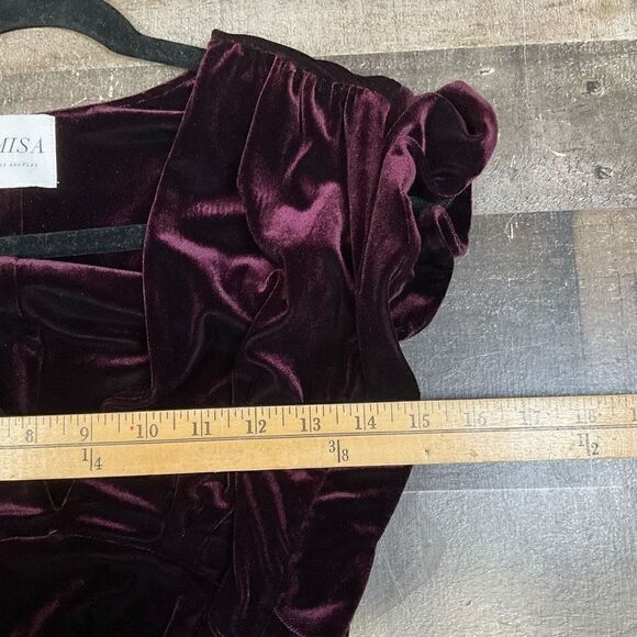 Misa Women’s Size Small Leila Velvet Bodysuit Burgundy Deep V Ruffle Sleeve - Picture 7 of 7